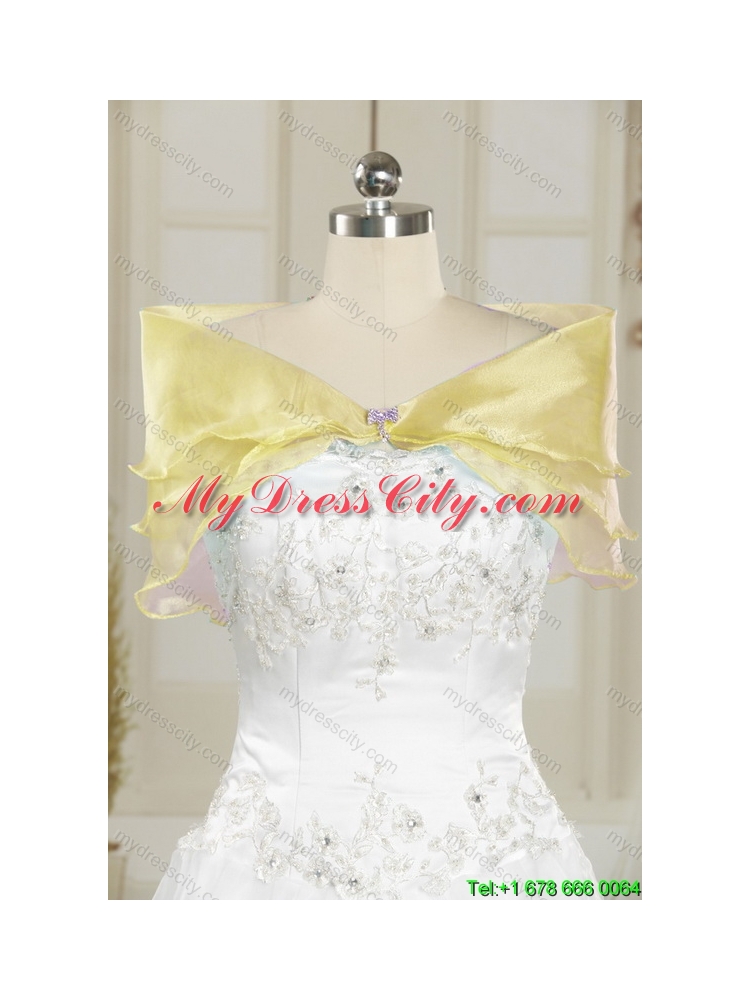 Designer Strapless Gold 2015 Quinceanera Dresses with Beading and Rolling Flowers