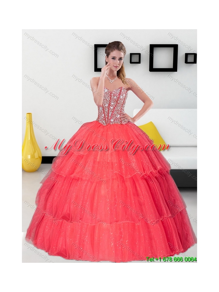 Detachable Beading and Ruffled Layers Sweetheart Coral Red Quinceanera Skirts for 2015