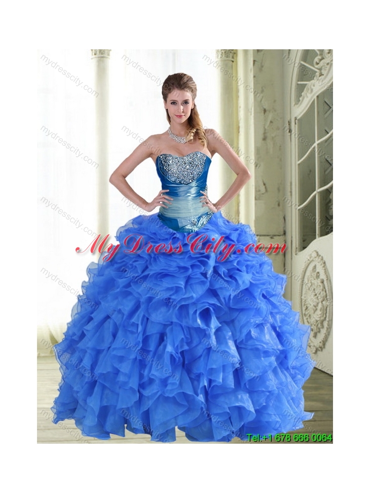 Elegant Beading and Ruffles Strapless Blue Quinceanera Dresses for 2015 Spring