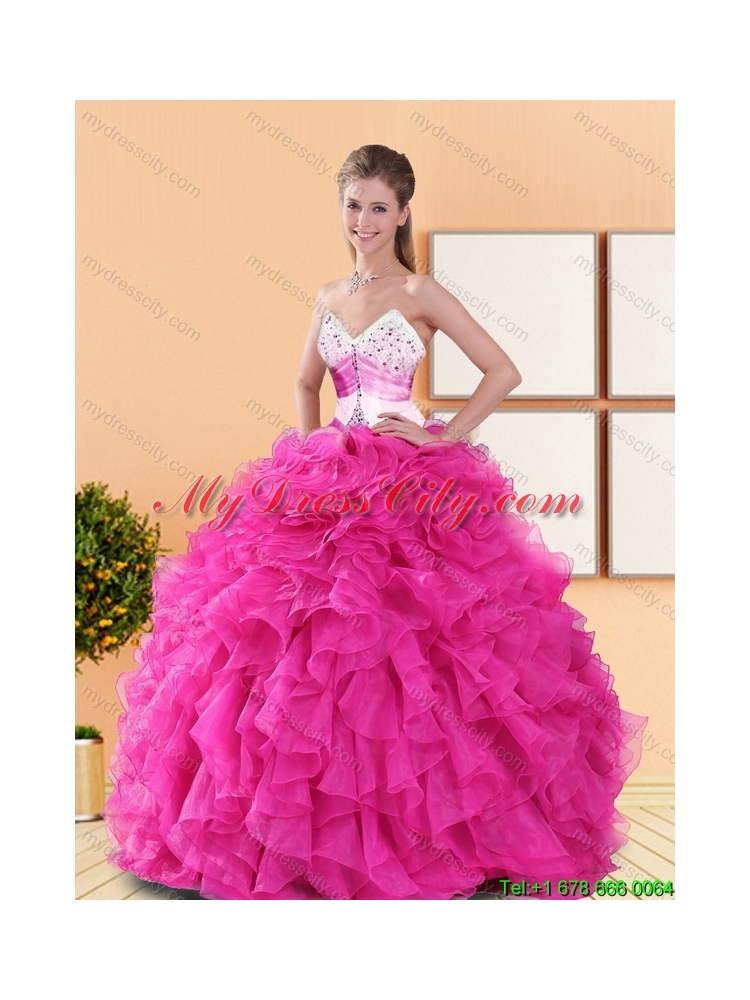 Elegant Hot Pink 2015 Quinceanera Dresses with Beading and Ruffles