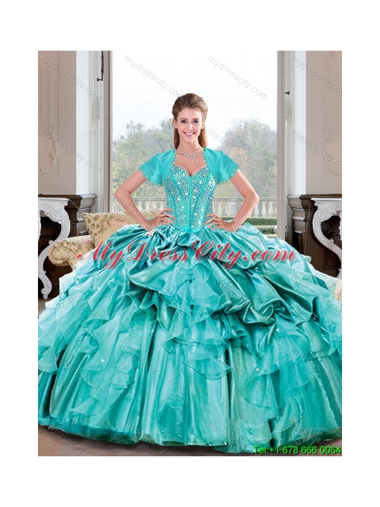 Elegant Sweetheart Beading and Ruffles Turquoise Quinceanera Dresses for 2015 Spring