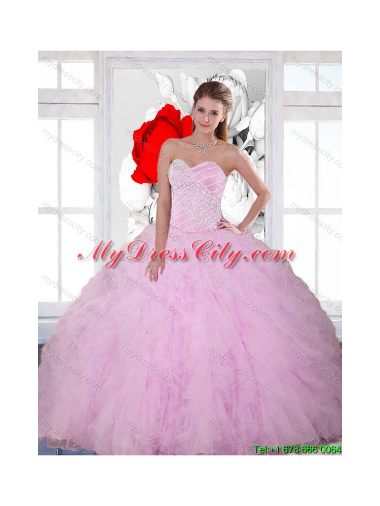 2015 Latest Beading and Ruffles Sweetheart Quinceanera Dresses in Baby Pink