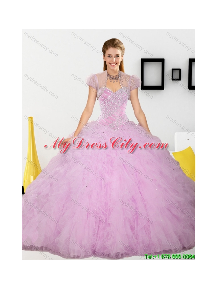 2015 Latest Beading and Ruffles Sweetheart Quinceanera Dresses in Baby Pink