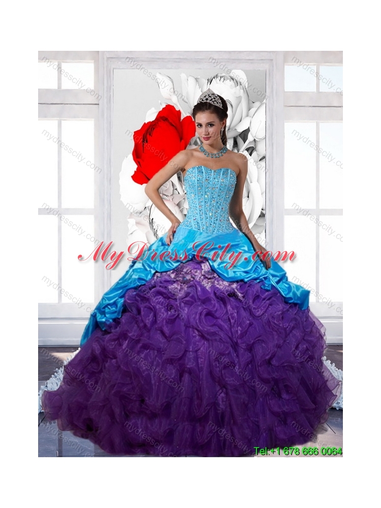 Elegant Beading and Ruffles 2015 Multi Color Quinceanera Dresses with Pick Ups