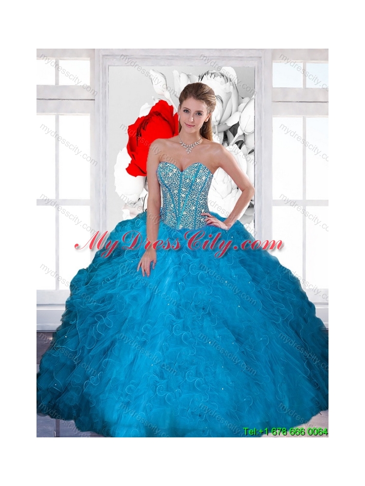 Latest Beading and Ruffles Sweetheart Teal Quinceanera Dresses for 2015