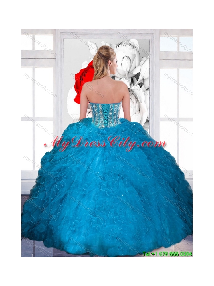 Latest Beading and Ruffles Sweetheart Teal Quinceanera Dresses for 2015