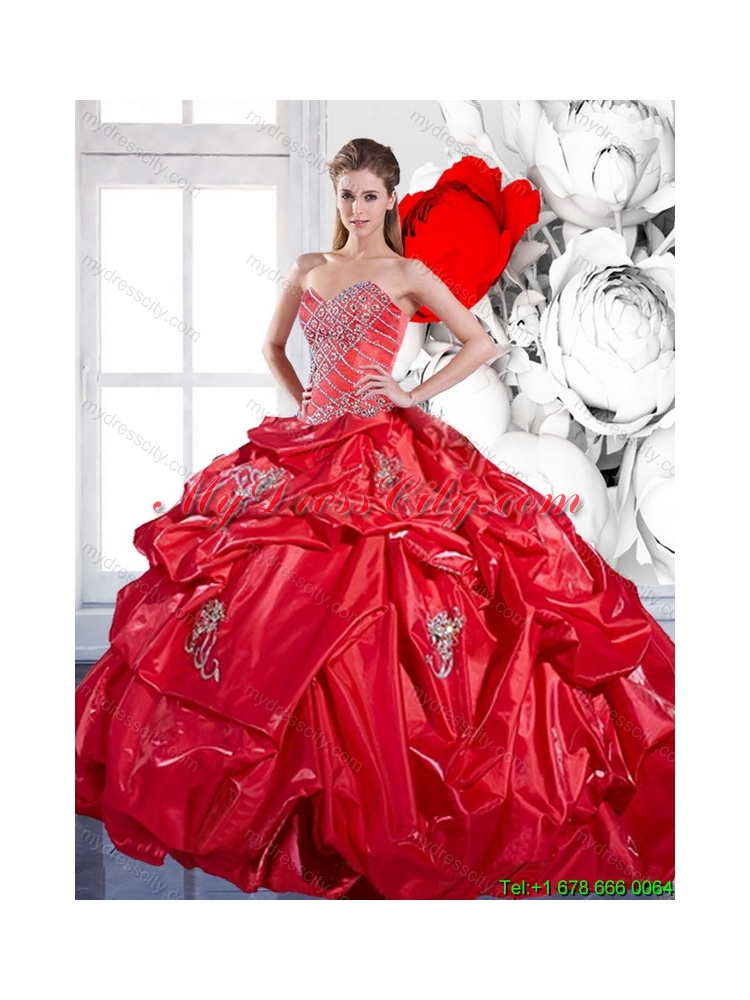 Latest Pick Ups and Appliques 2015 Red Quinceanera Dresses with Brush Train