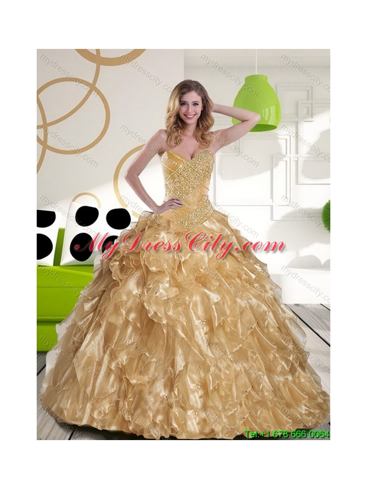 Unique Beading and Ruffles Sweetheart 2015 Champagne Quinceanera Gown