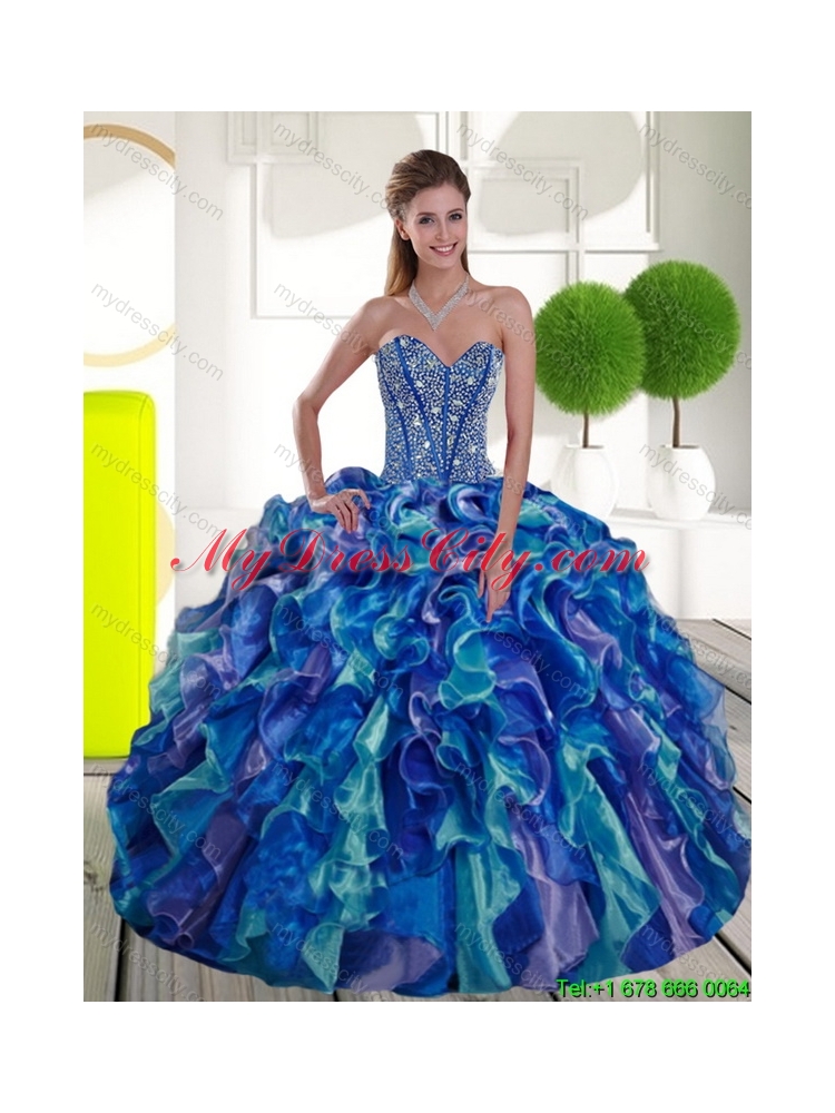 Unique Beading and Ruffles Sweetheart 2015 Sweet 15 Dresses in Multi Color