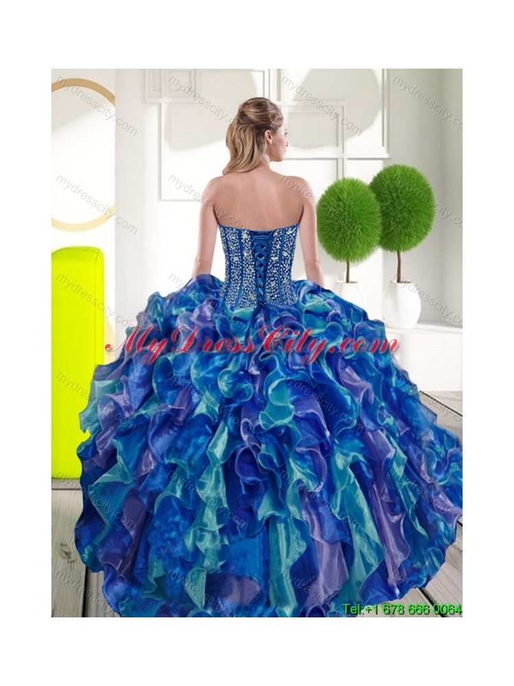 Unique Beading and Ruffles Sweetheart 2015 Sweet 15 Dresses in Multi Color