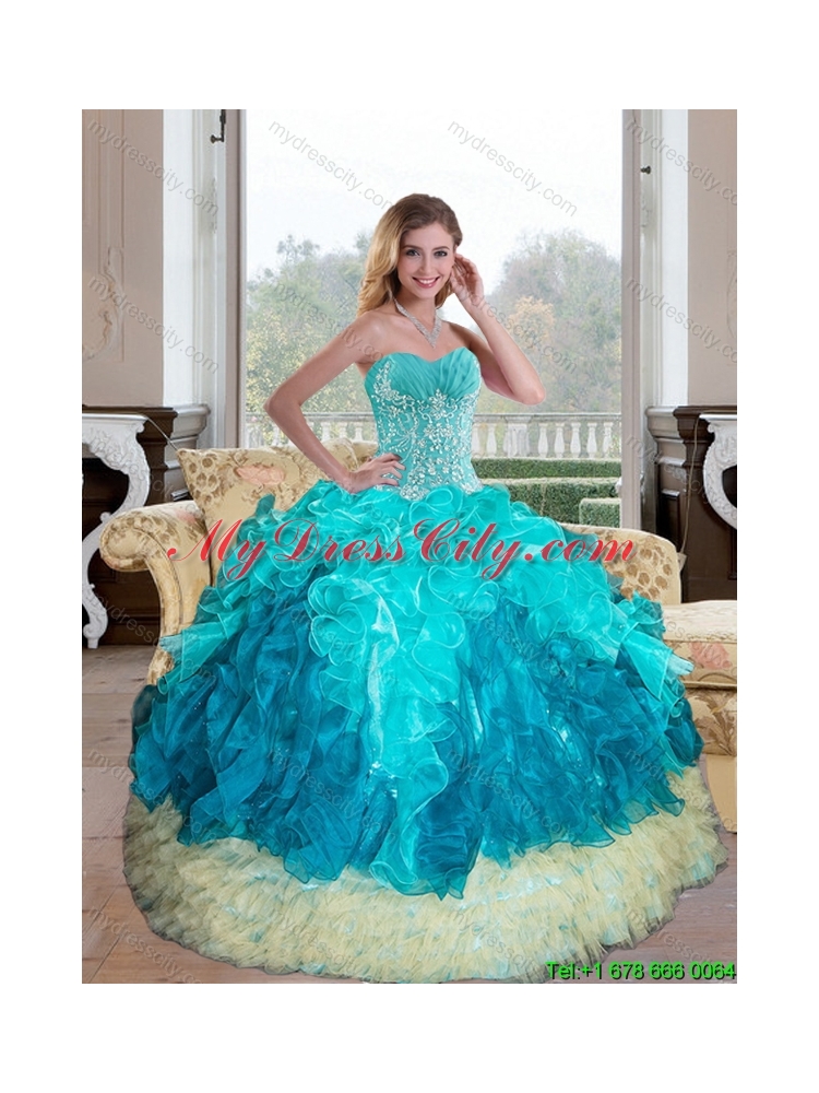 Unique Sweetheart Multi Color 2015 Quinceanera Gown with Appliques and Ruffles