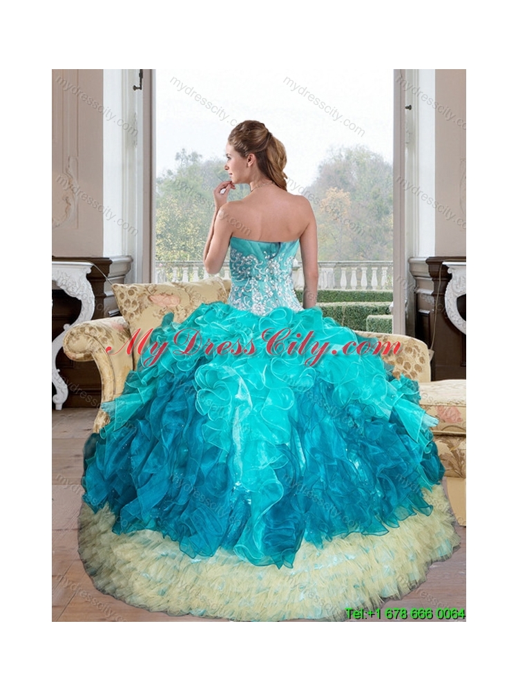 Unique Sweetheart Multi Color 2015 Quinceanera Gown with Appliques and Ruffles