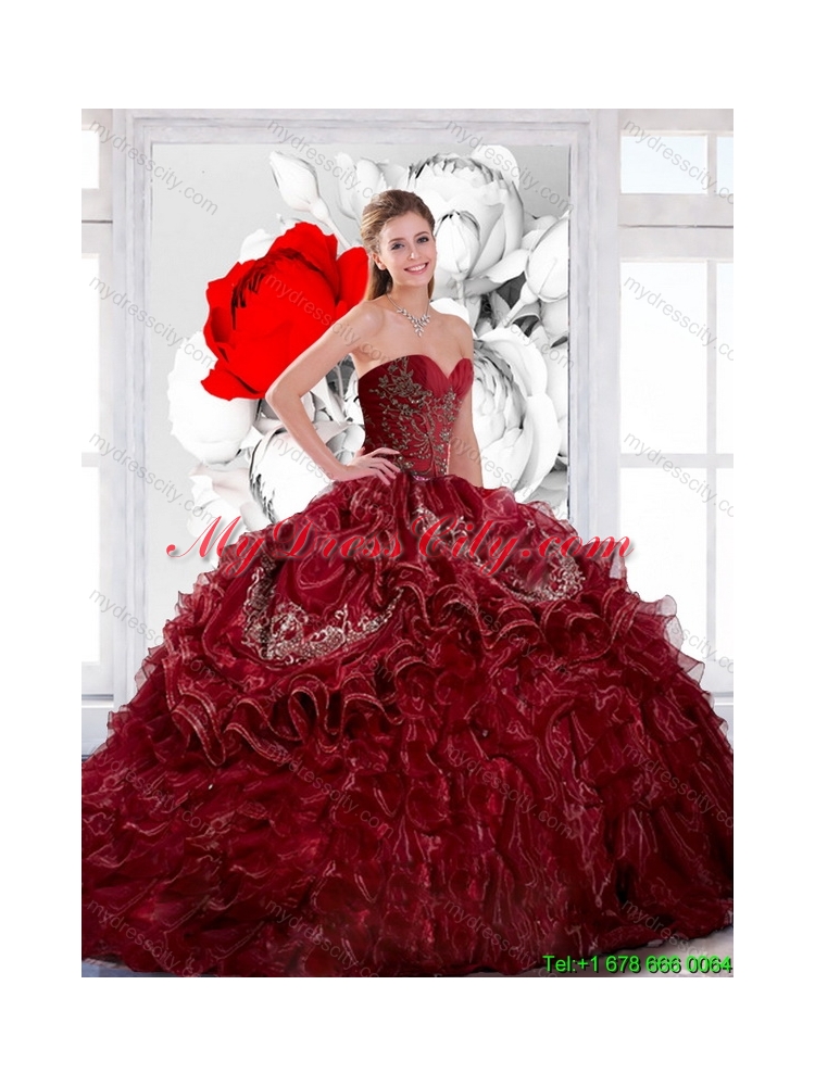 Unique Sweetheart Wine Red 2015 Quinceanera Dress with Appliques and Ruffles