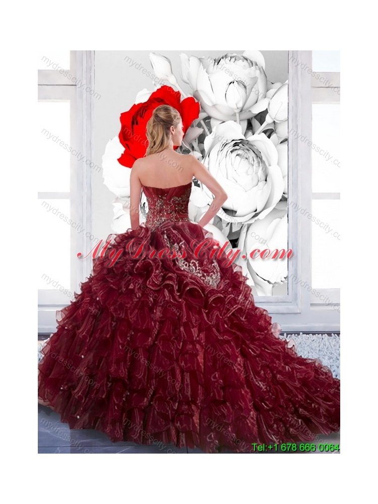 Unique Sweetheart Wine Red 2015 Quinceanera Dress with Appliques and Ruffles