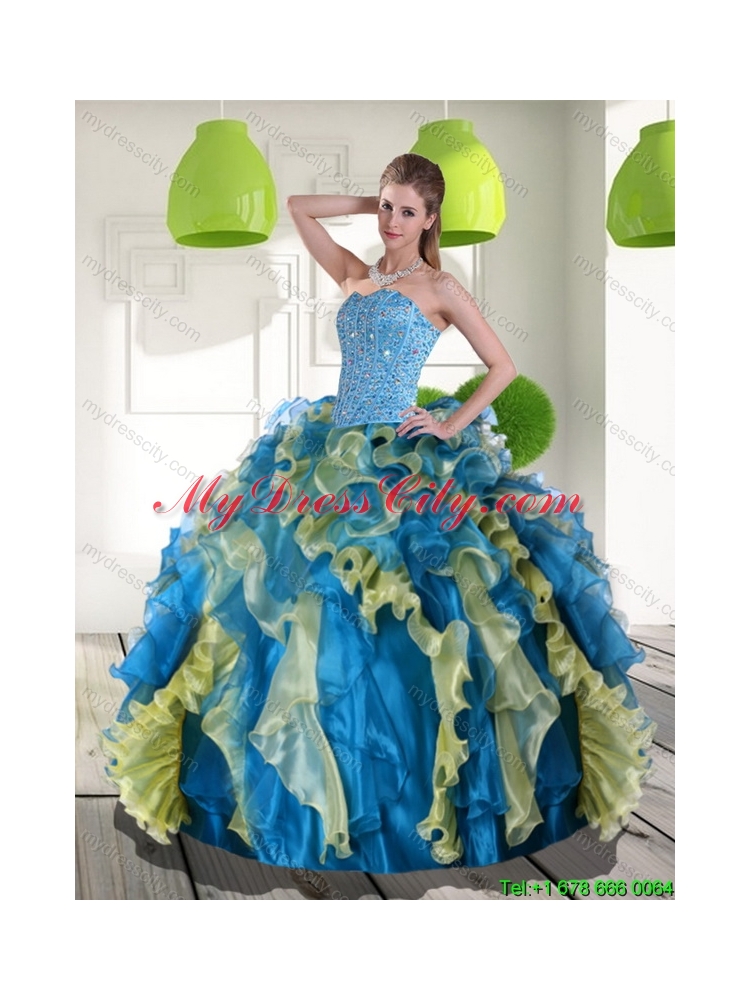 Unique Multi Color Quinceanera Dress with Beading and Ruffles for 2015