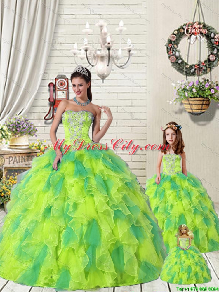 Wonderful Ruffles and Beading Yellow and Green Princesita Dress for 2015