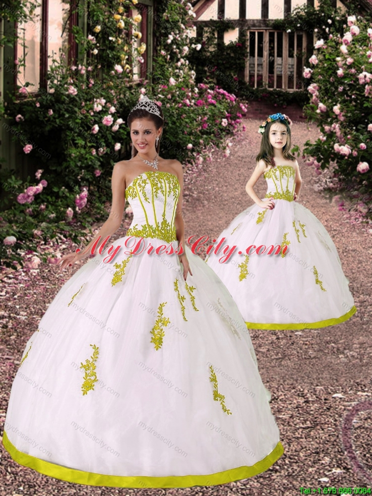 2015 Custom Made White and Yellow Green Princesita Dress with Appliques