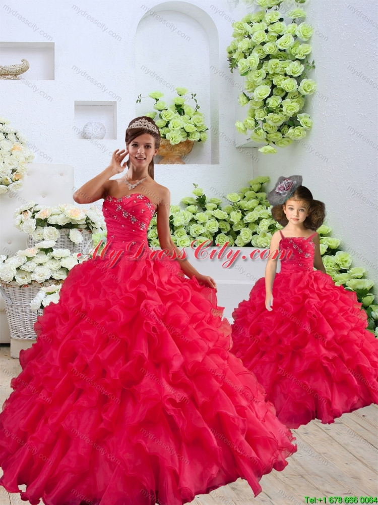 Coral Red Sweetheart Ruffles Organza Princesita Dress with Beading