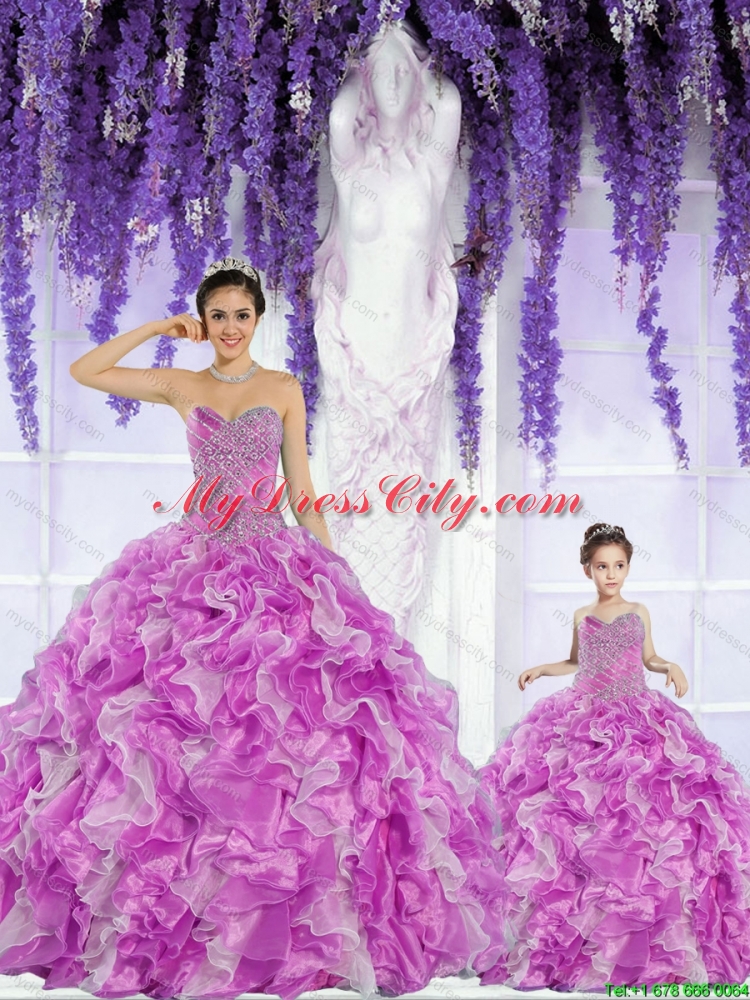 2015 Fashionable Organza Beading and Ruffles Princesita Dress in Fuchsia