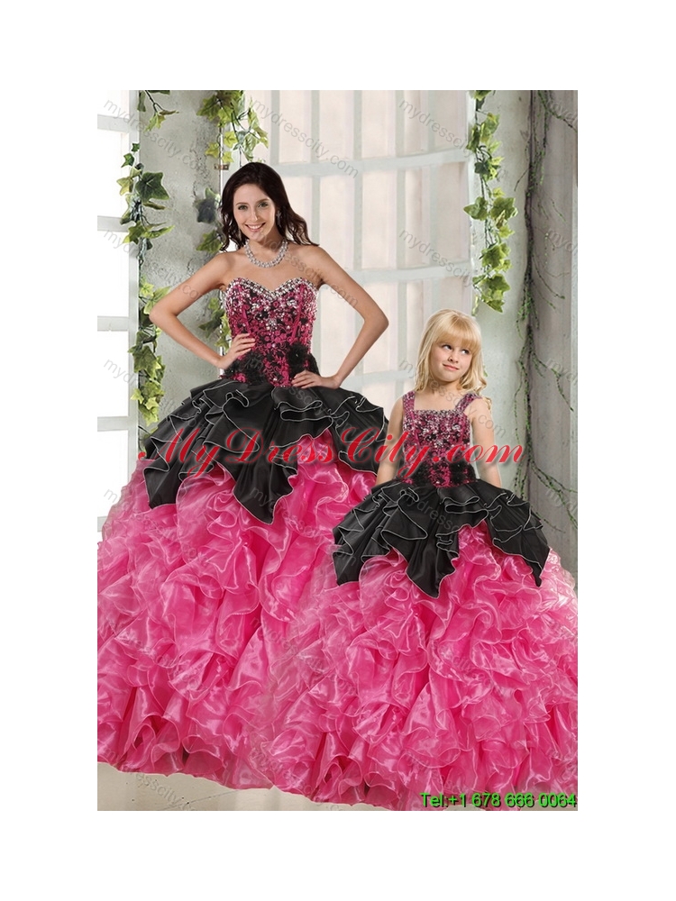 Ball Gown Beading and Ruffles 2015 Princesita Dress in Rose Pink and Black