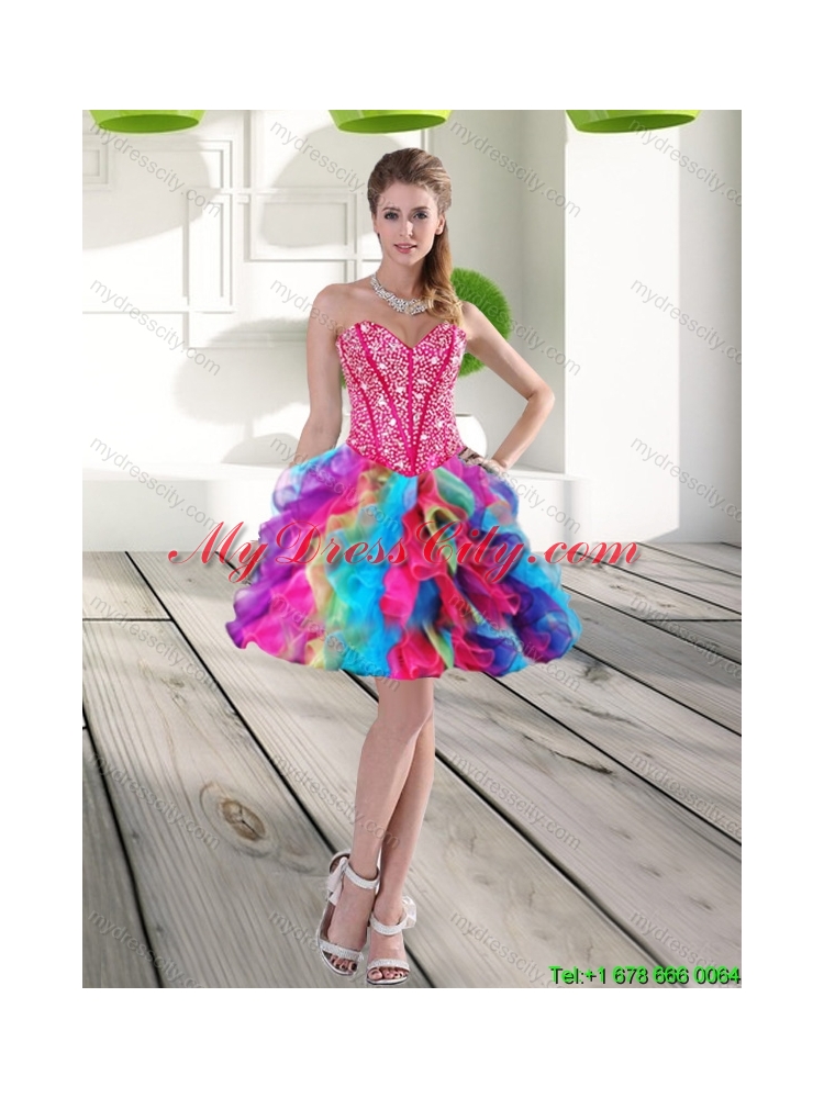 Beautiful Beading and Ruffles Organza 2015 Prom Dress in Multi Color