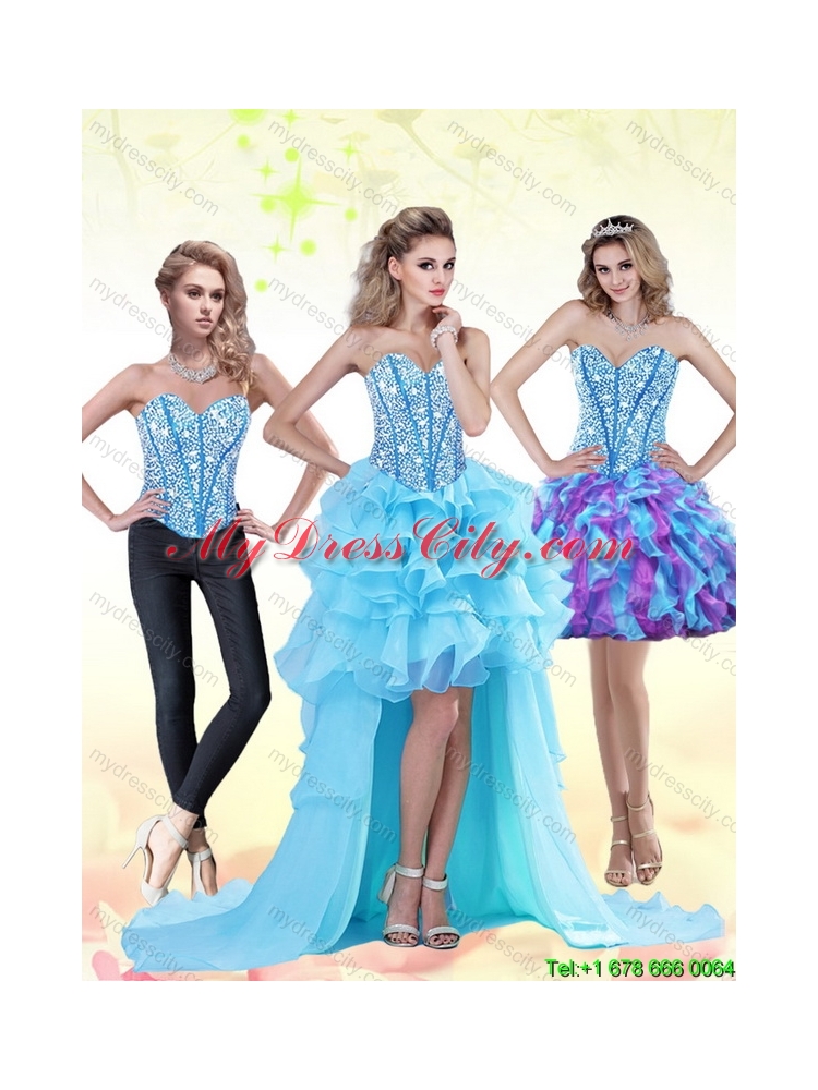 Aqua Blue High Low 2015 Detachable Prom Skirts with Beading and Ruffles