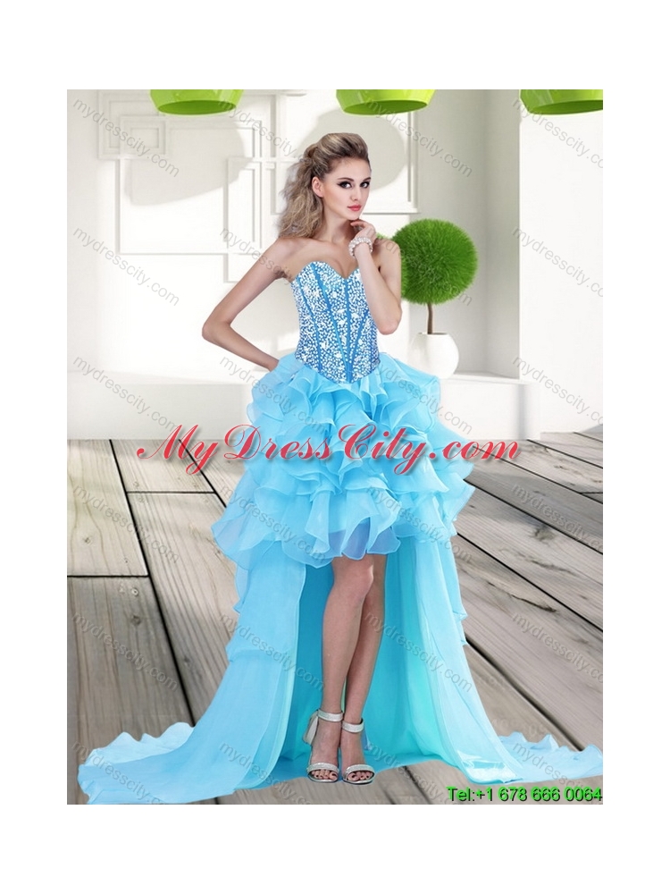 Aqua Blue High Low 2015 Detachable Prom Skirts with Beading and Ruffles