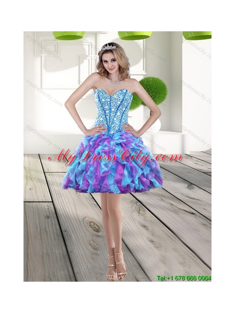 Aqua Blue High Low 2015 Detachable Prom Skirts with Beading and Ruffles