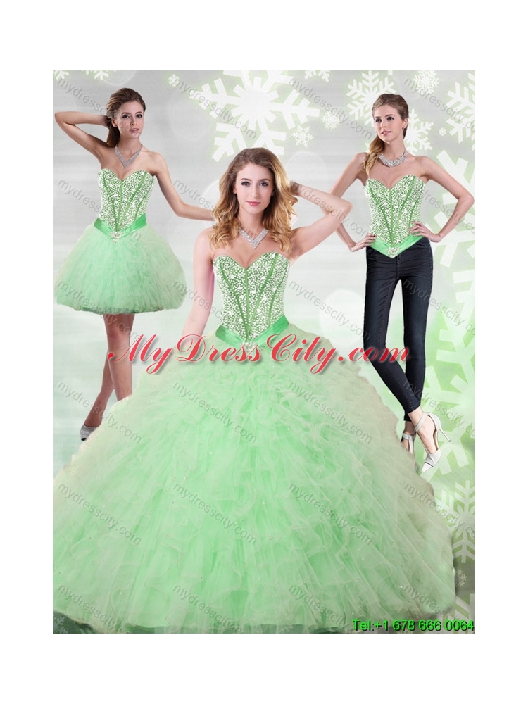 2015 Fashionable Beading and Ruffles Sweetheart Quinceanera Gown in Apple Green