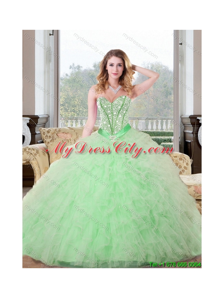 2015 Fashionable Beading and Ruffles Sweetheart Quinceanera Gown in Apple Green