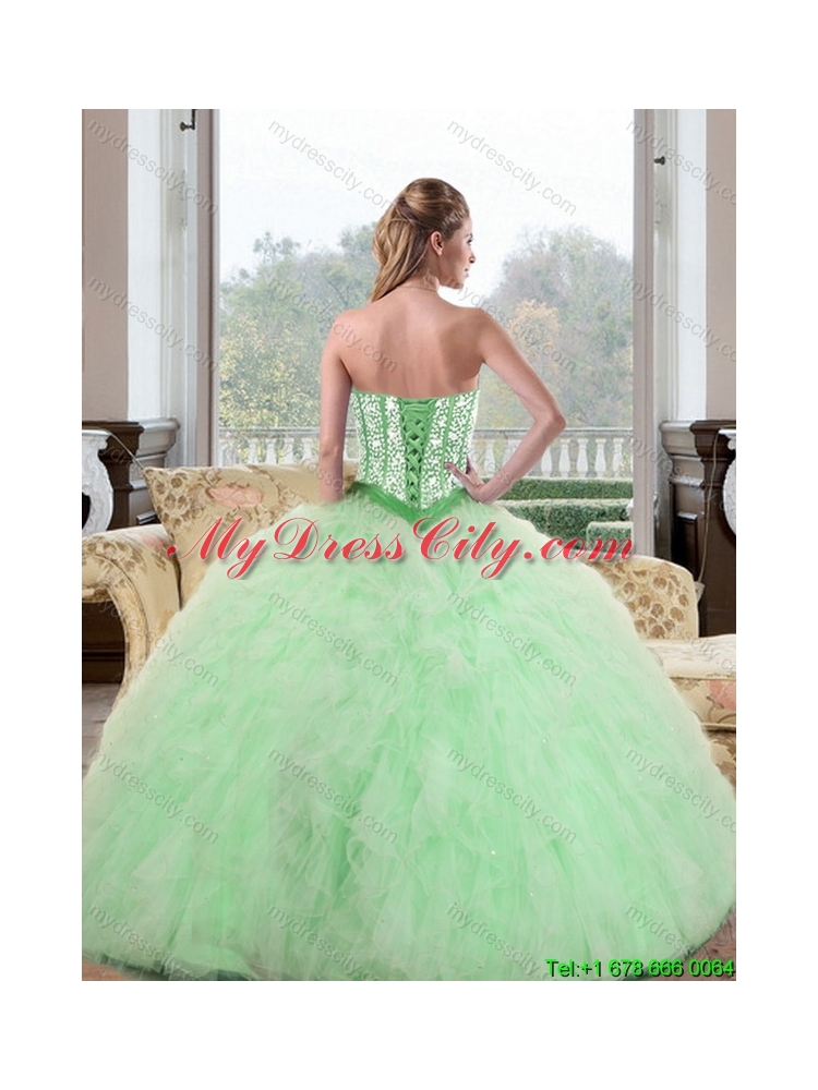 2015 Fashionable Beading and Ruffles Sweetheart Quinceanera Gown in Apple Green