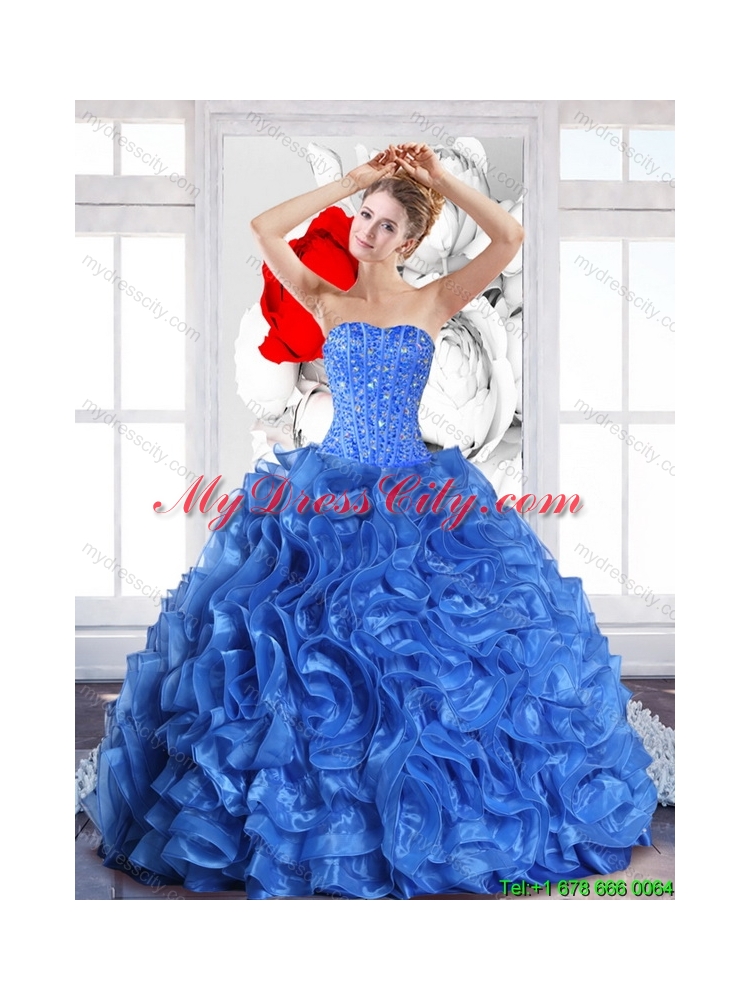 2015 Modest Ball Gown Quinceanera Dresses with Beading and Ruffles