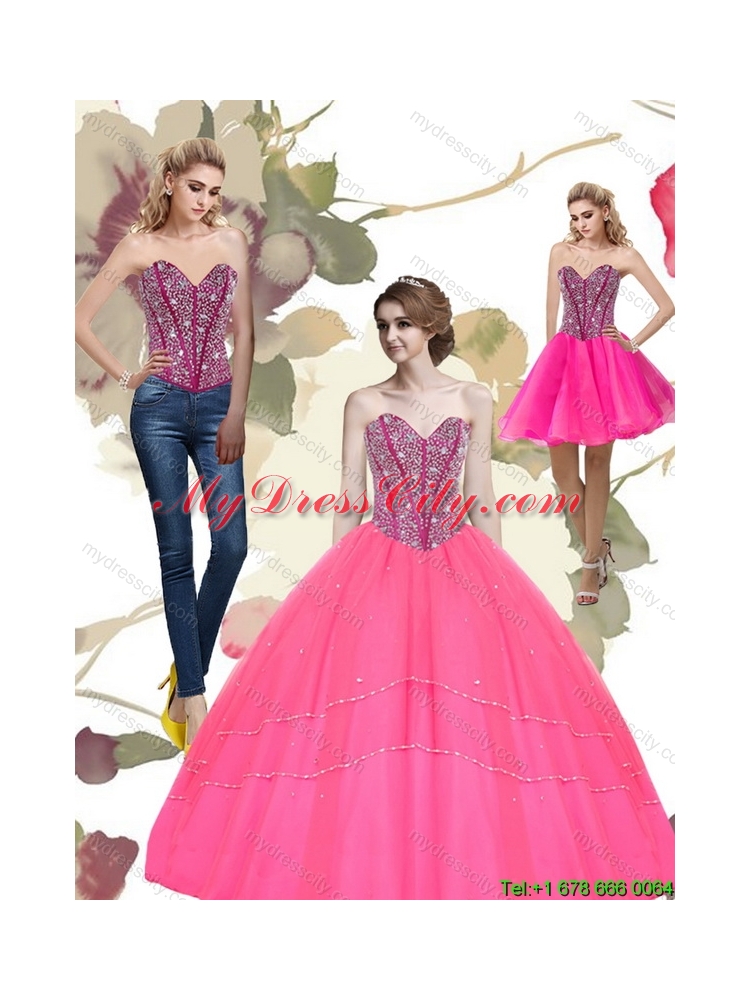 2015 Modest Beading Sweetheart Tulle Hot Pink Quinceanera Dresses