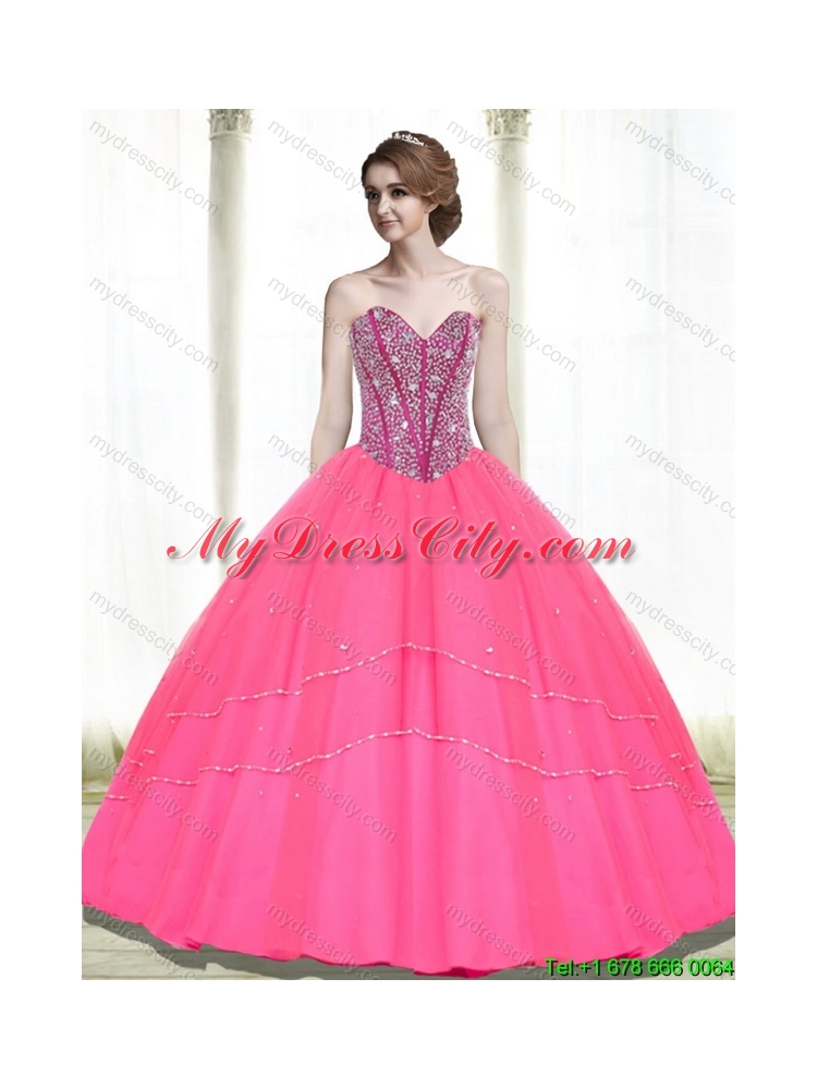 2015 Modest Beading Sweetheart Tulle Hot Pink Quinceanera Dresses