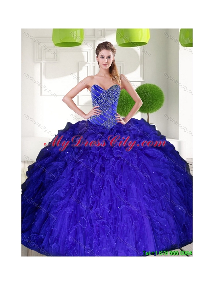 Gorgeous Peacock Blue Sweetheart Beading Ball Gown Quinceanera Dress with Ruffles