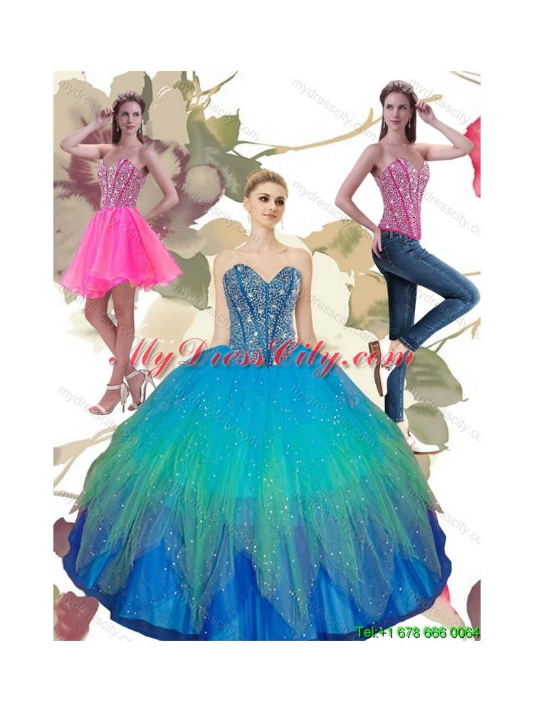 2015 Pretty Beading Sweetheart Tulle Quinceanera Dresses in Turquoise