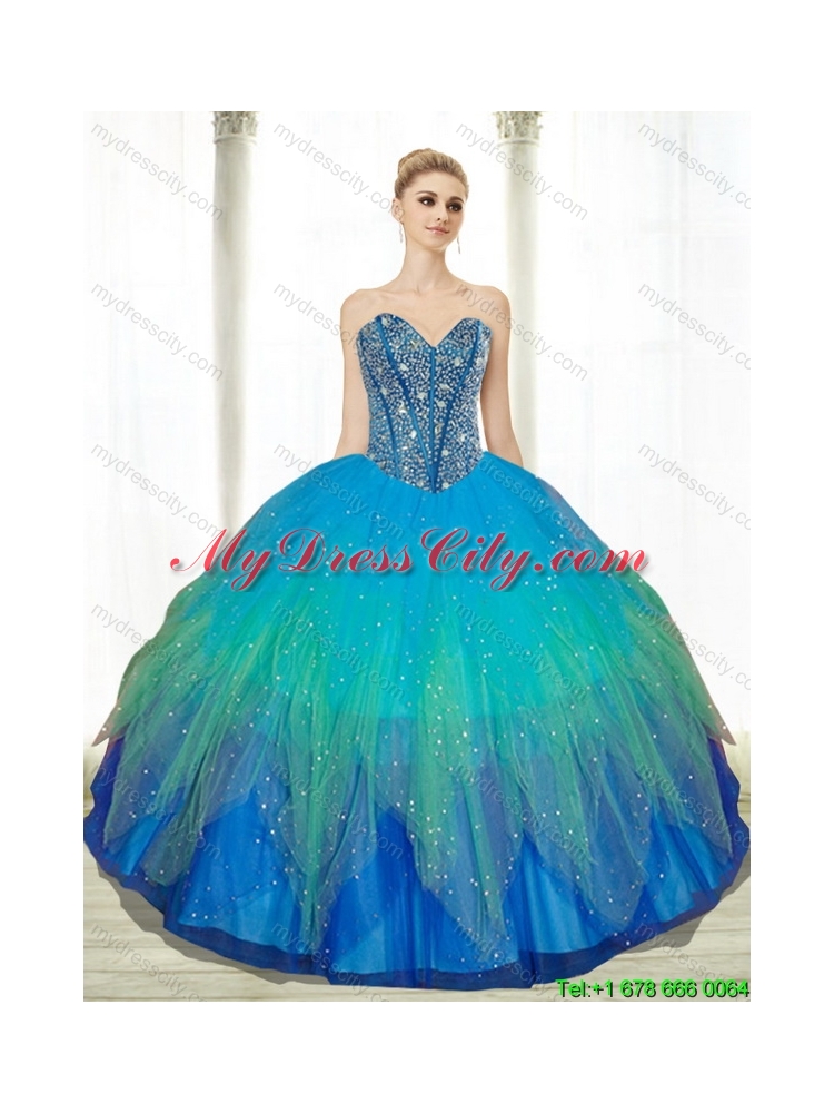 2015 Pretty Beading Sweetheart Tulle Quinceanera Dresses in Turquoise