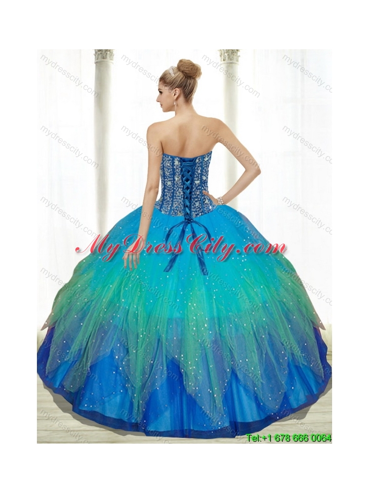 2015 Pretty Beading Sweetheart Tulle Quinceanera Dresses in Turquoise