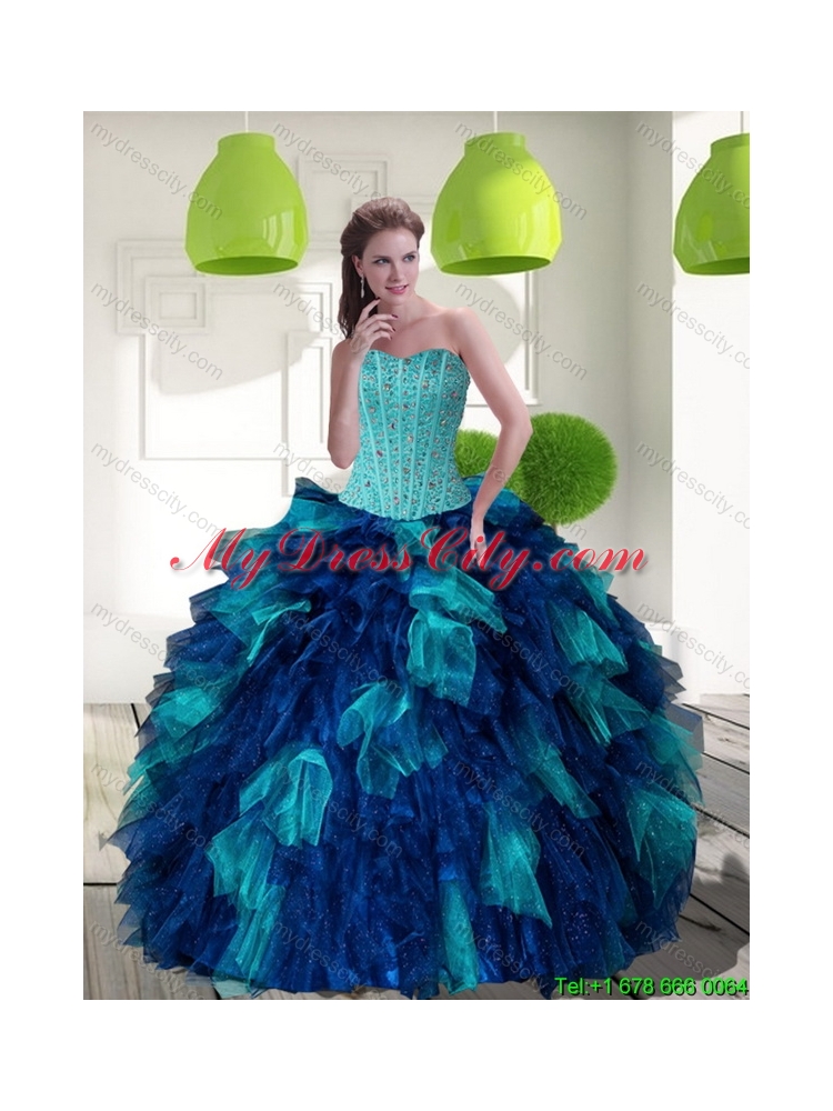 2015 Unique Multi Color Sweet 15 Dress with Beading and Ruffles