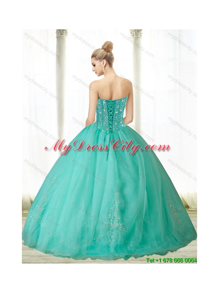 Popular Beading and Appliques Turquoise Sweetheart Quinceanera Dresses for 2015