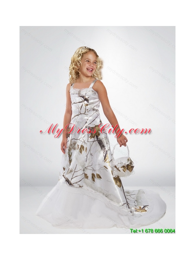 2015 Popular A Line Straps Little Girl Pageant Dresses with Brush Train Beading