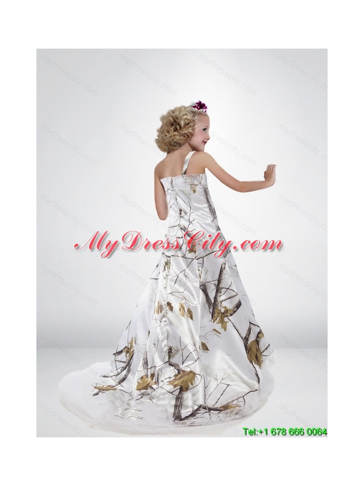 2015 Popular A Line Straps Little Girl Pageant Dresses with Brush Train Beading