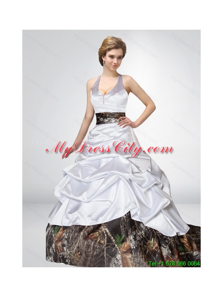 2015 Popular A Line Camo Wedding Dresses with Bowknot and Side Zipper