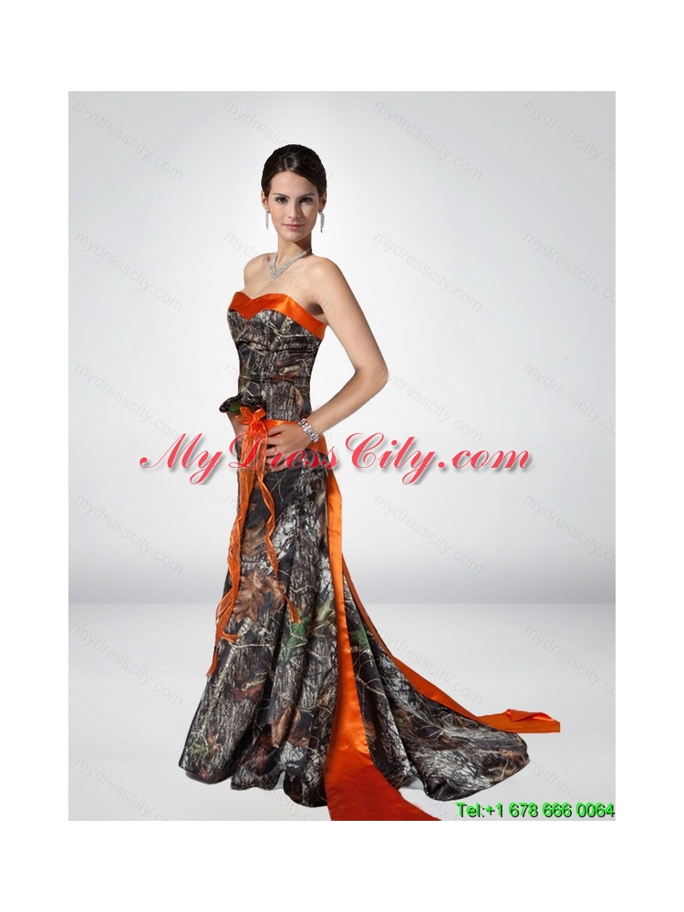 Luxurious Column Strapless Camo Most Popular Prom Dresses with Hand Made Flower