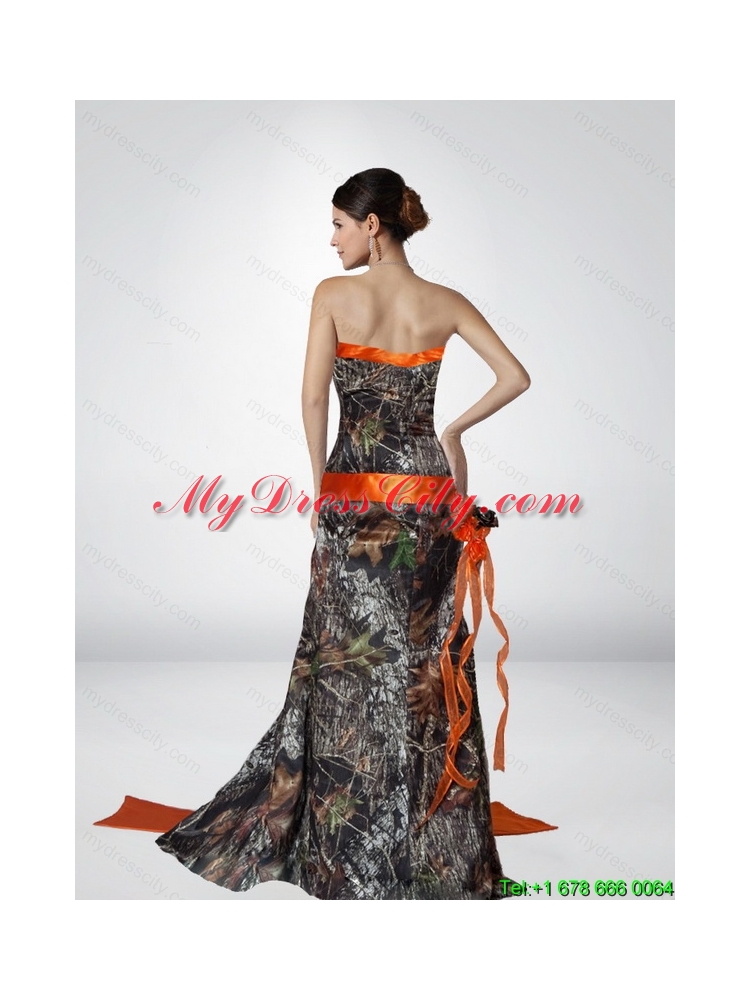 Luxurious Column Strapless Camo Most Popular Prom Dresses with Hand Made Flower