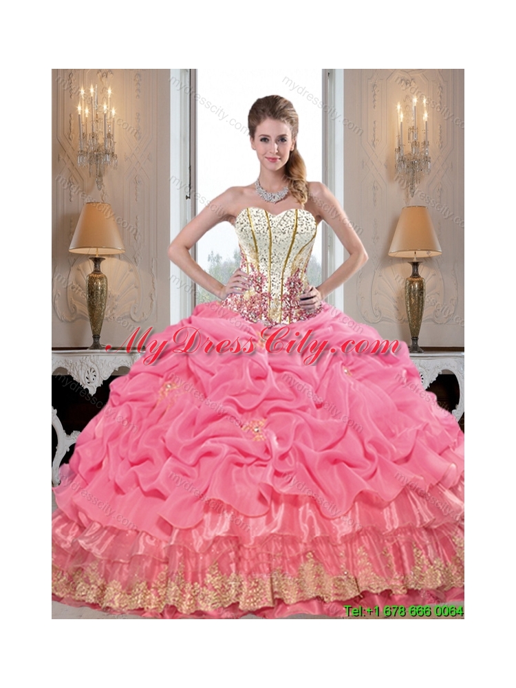 Affordable Beaded 2015 Quinceanera Dresses with Appliques and Pick Ups