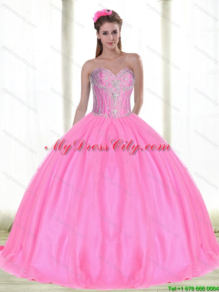 Discount Ball Gown Pink 2015 Quinceanera Dresses with Beading