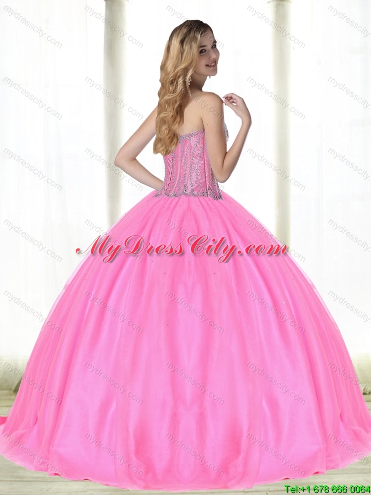 Discount Ball Gown Pink 2015 Quinceanera Dresses with Beading