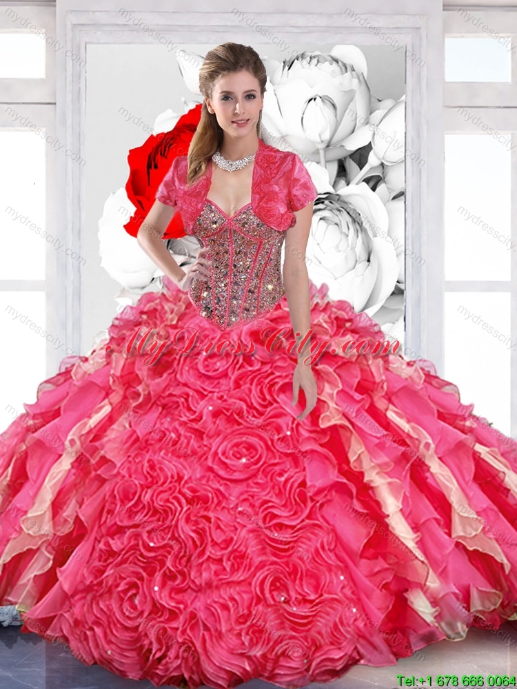 Sturning Beaded Sweetheart 2015 Quinceanera Dress with Hand Made Flowers