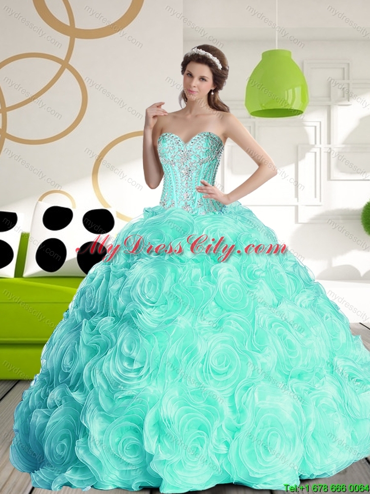 2015 Romantic Ball Gown Beaded Detachable Quinceanera Dresses with Rolling Flowers